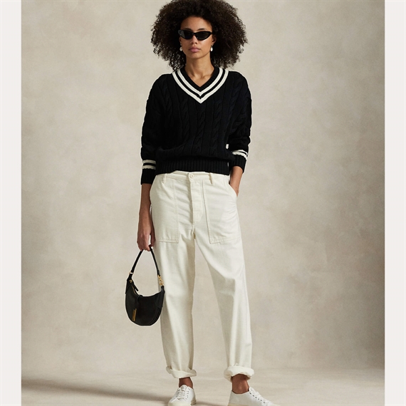 Polo Ralph Lauren Aran-Knit Cotton Cricket Jumper, Polo Black/Cream